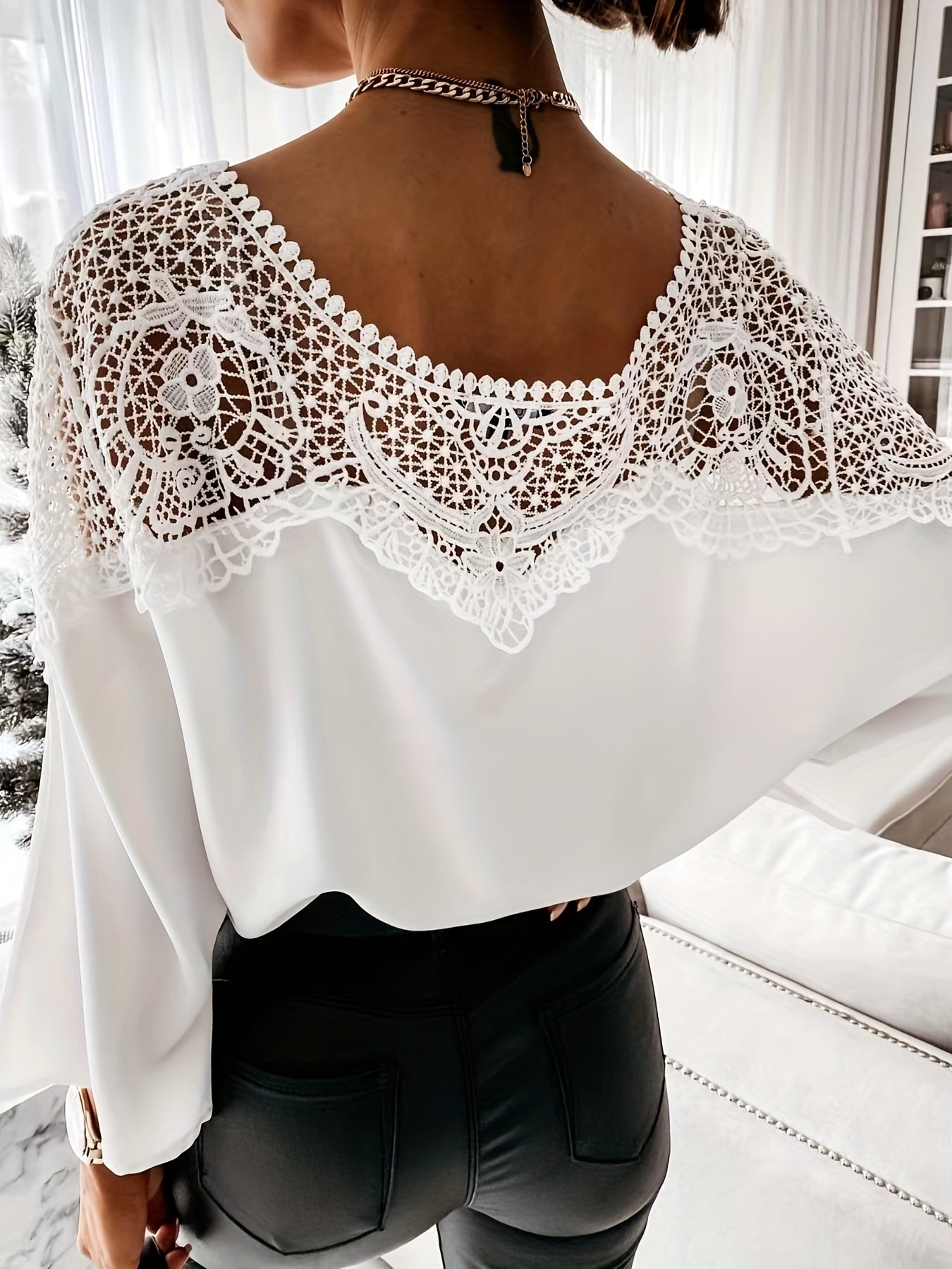 dunnmall  Lace Splicing Batwing Sleeve Blouse, Casual Solid Off Shoulder Summer Blouse, Women's Clothing