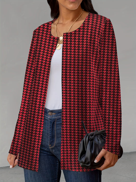 dunnmall  Houndstooth Print Open Front Jacket, Casual Long Sleeve Versatile Outerwear, Women's Clothing