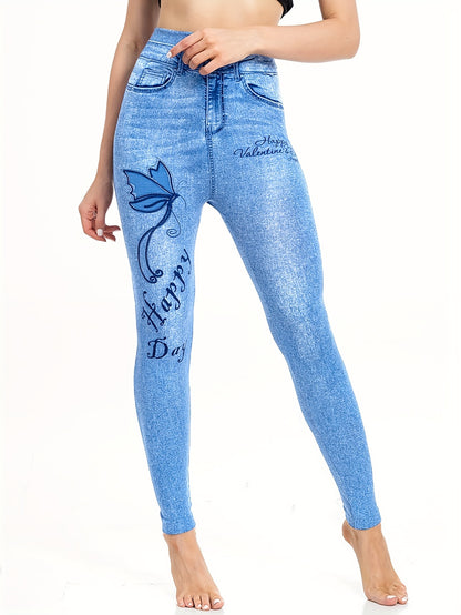 dunnmall  Denim Print High Waist Jeggings, Slim Stretchy Casual Leggings, Women's Clothing