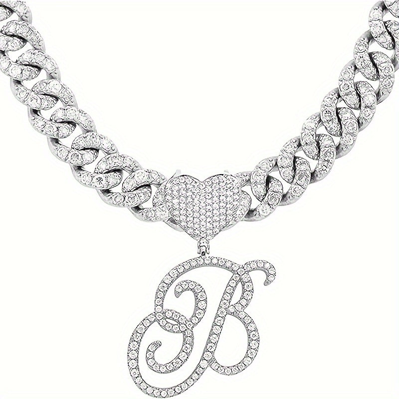 1 Piece Initial Necklace Men Women Silvery Cuban Chain Ice Rhinestone With Heart Shaped Letter Pendant Necklace Hip Hop Jewelry Gift