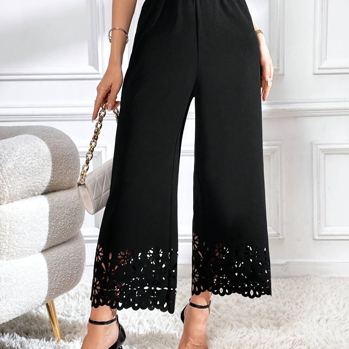 dunnmall  Lace Stitching Wide Leg Pants, Casual Elastic Waist Solid Pants, Women's Clothing