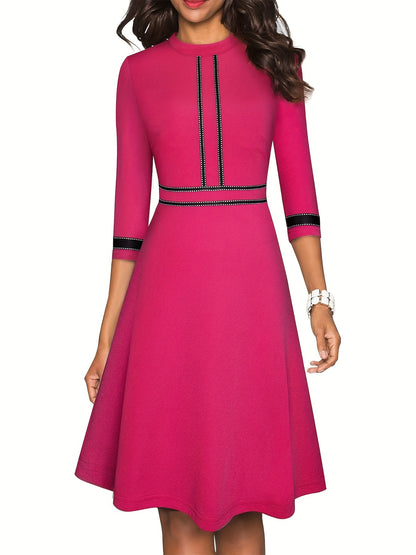 Three-quarter Sleeve Dress, Elegant Crew Neck Flare Dress, Women's Clothing