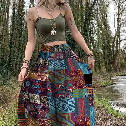 dunnmall  Hippie Patchwork Print Drawstring Skirt, Boho Skirt For Spring & Summer, Women's Clothing