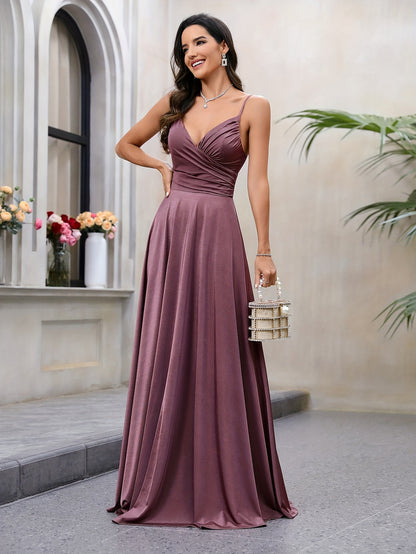 Solid Spaghetti Strap Dress, Elegant Surplice Neck Evening Dress For Party & Banquet, Women's Clothing