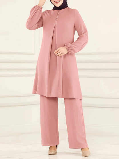 dunnmall Ramadan Elegant Solid Muslim Two-piece Set, Long Sleeve Crew Neck Top & Straight Leg Pants Outfits, Women's Clothing