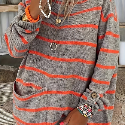 dunnmall  Striped Boat Neck Pullover Sweater, Vintage Long Sleeve Pocket Loose Sweater For Spring & Fall, Women's Clothing