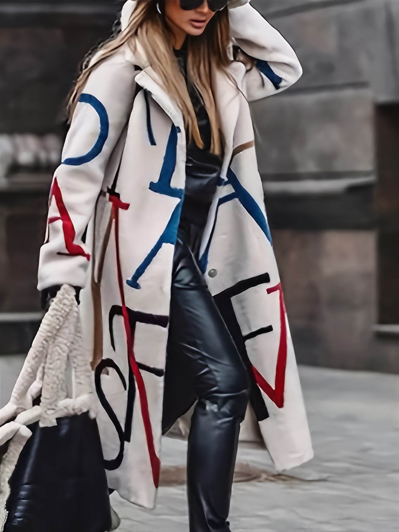 Plus Size Casual Coat, Women's Plus Colorful Letter Print Long Sleeve Lapel Collar Longline Coat With Pockets