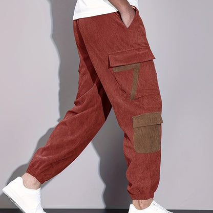 Trendy Corduroy Cargo Drawstring Pants, Men's Multi Flap Pocket Trousers, Loose Casual Outdoor Pants, Men's Work Pants Outdoors Streetwear Hip Hop Style