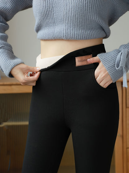 CozyFit High-Waist Fluff-Lined Leggings - Warm, Slim-Fit, Casual Sports Trousers with Deep Pockets, Athletic Style, Comfortable, Breathable, Moisture-Wicking, Four-Way Stretch Fabric, Perfect for Outdoor Activities, Gym, Yoga, Running, and Everyday Wear