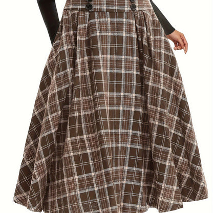 Plaid Print High Waist Button Skirt, Elegant A Line Flare Midi Skirt, Women's Clothing