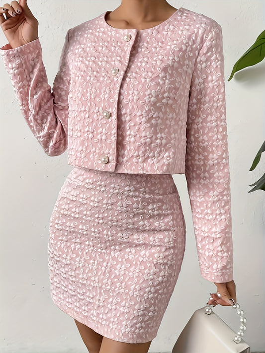 Textured Elegant Two-piece Set, Button Front Long Sleeve Tops & Bag Hip Skirts Outfits, Women's Clothing