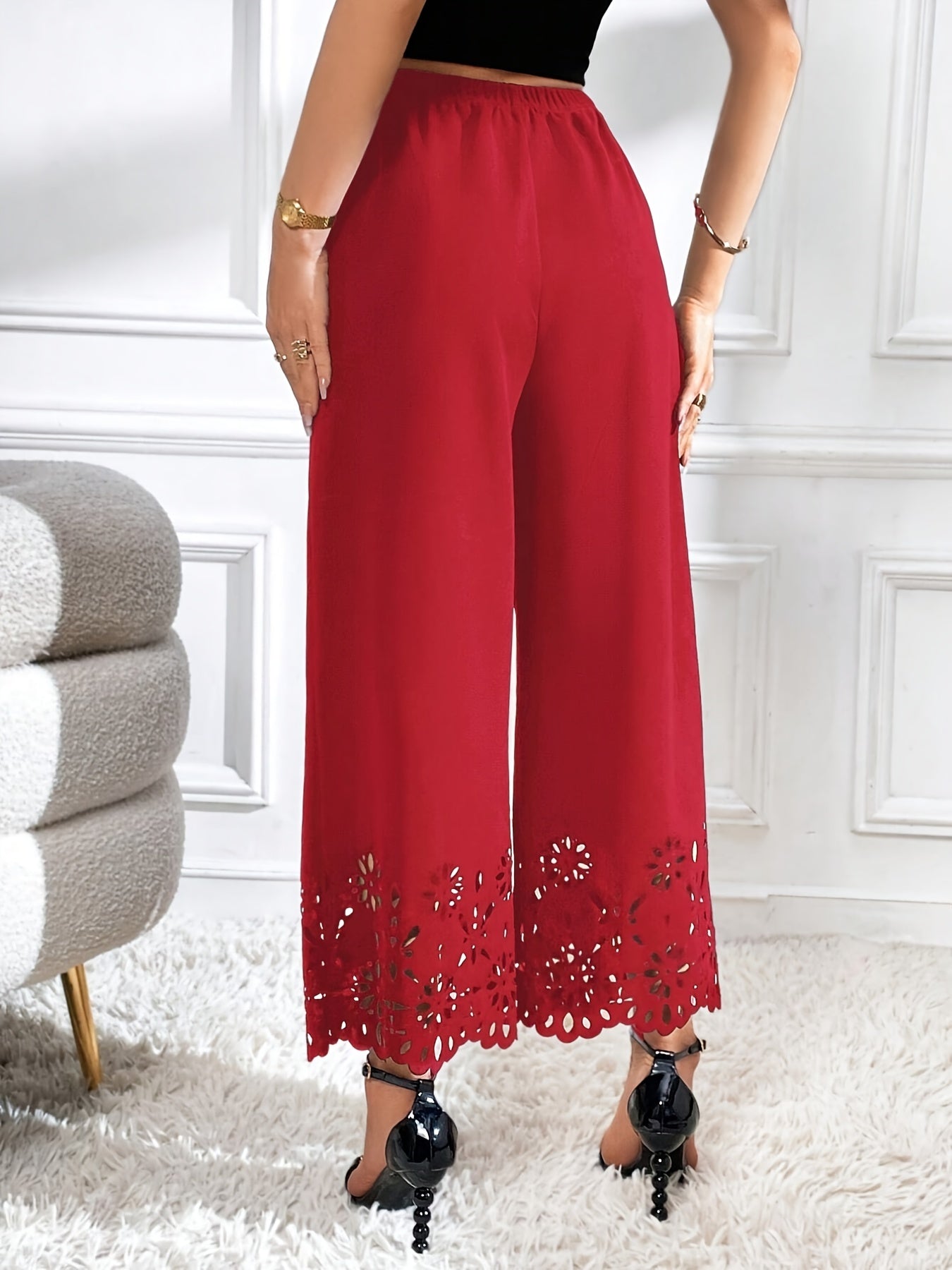 dunnmall  Lace Stitching Wide Leg Pants, Casual Elastic Waist Solid Pants, Women's Clothing