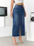High Waist Split Denim Midi Skirt, Double Button Slant Pockets Denim Skirt, Women's Denim Clothing
