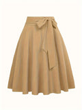 Plus Size Casual Skirt, Women's Plus Solid Knot Front High Rise A-line Midi Skirt