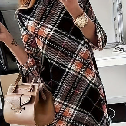 Plaid Print Mock Neck Dress, Elegant Long Sleeve Above Knee Dress, Women's Clothing