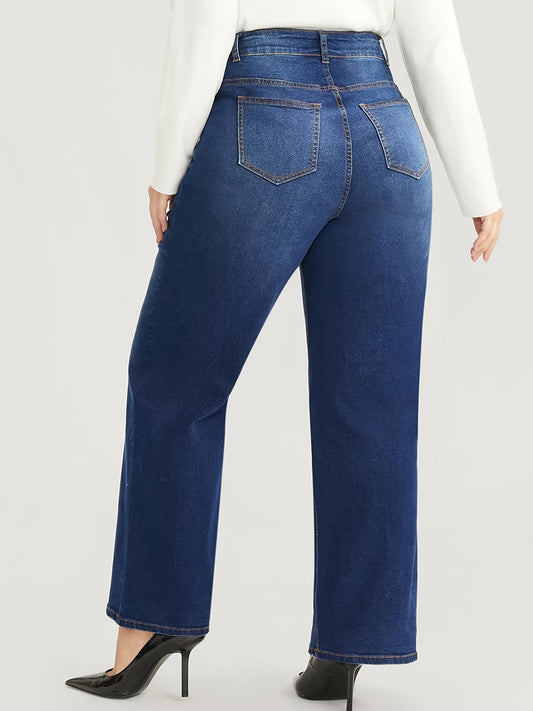 Plus Size Basic Jeans, Women's Plus Solid Button Fly High Rise Medium Stretch Wide Leg Jeans