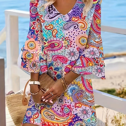 Paisley Print Layered Dress, Vacation V Neck Flared Sleeve Dress, Women's Clothing