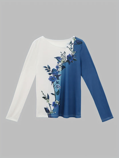 Floral Print Color Block T-shirt, Casual Asymmetrical Neck Long Sleeve T-shirt, Women's Clothing