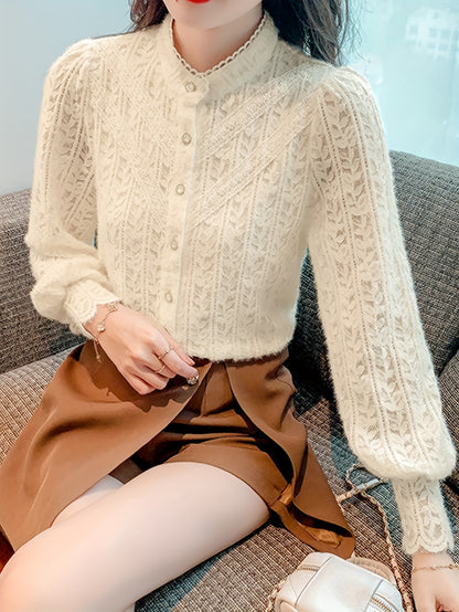 xieyinshe Button Front Textured Blouse, Chic Long Sleeve Top For Spring & Fall, Women's Clothing