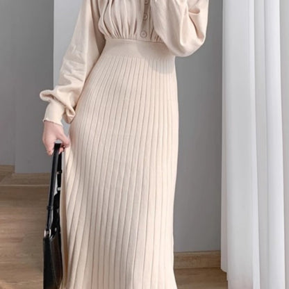 Ruched Half Button Dress, Casual Long Sleeve Ribbed Midi Dress, Women's Clothing