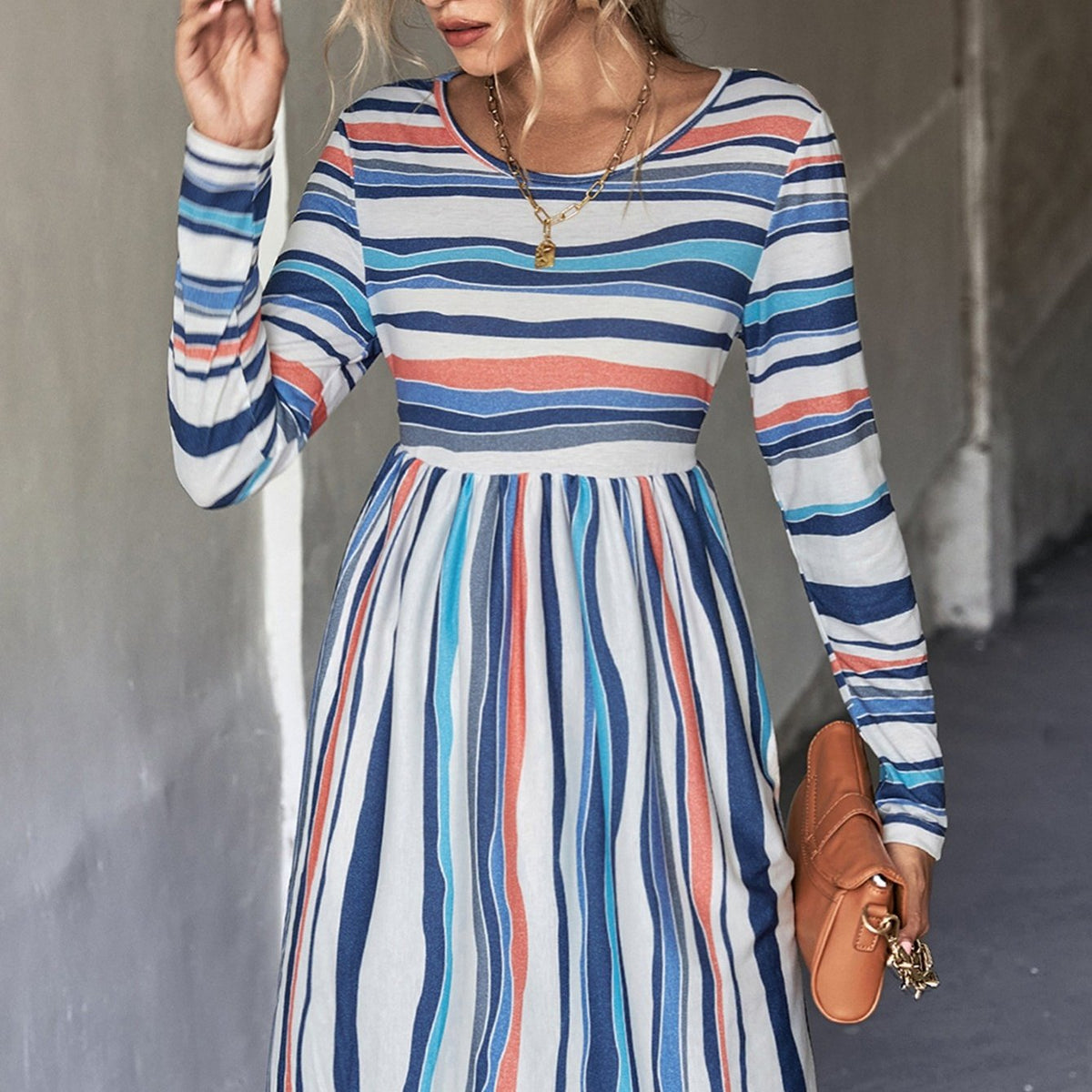 dunnmall  Women's Dresses Striped Casual Flowy Long Sleeve Waist Dresses