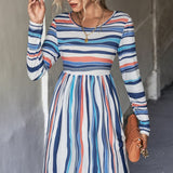 dunnmall  Women's Dresses Striped Casual Flowy Long Sleeve Waist Dresses