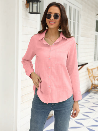 Long Sleeve Button Up Shirt, Pocket Casual Every Day Top For Spring & Fall, Women's Clothing