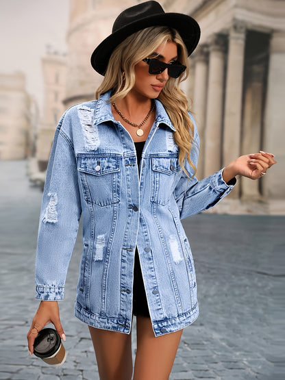 dunnmall  Oversized Distressed Flap Pockets Denim Jacket, Ripped Deco Long Sleeve Butt Cover Denim Coat, Women's Denim Jackets & Coats, Women's Clothing