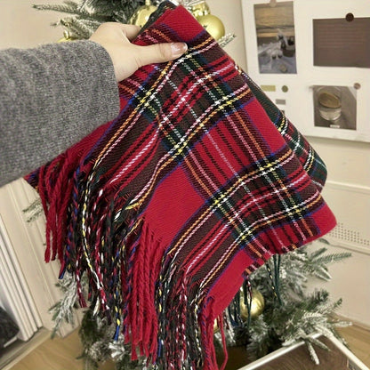 Stylish Red Plaid Tassel Scarf Shawl - Soft, Warm, Coldproof, Inelastic, Autumn and Winter Essential - Perfect for Outdoor Activities and Daily Wear