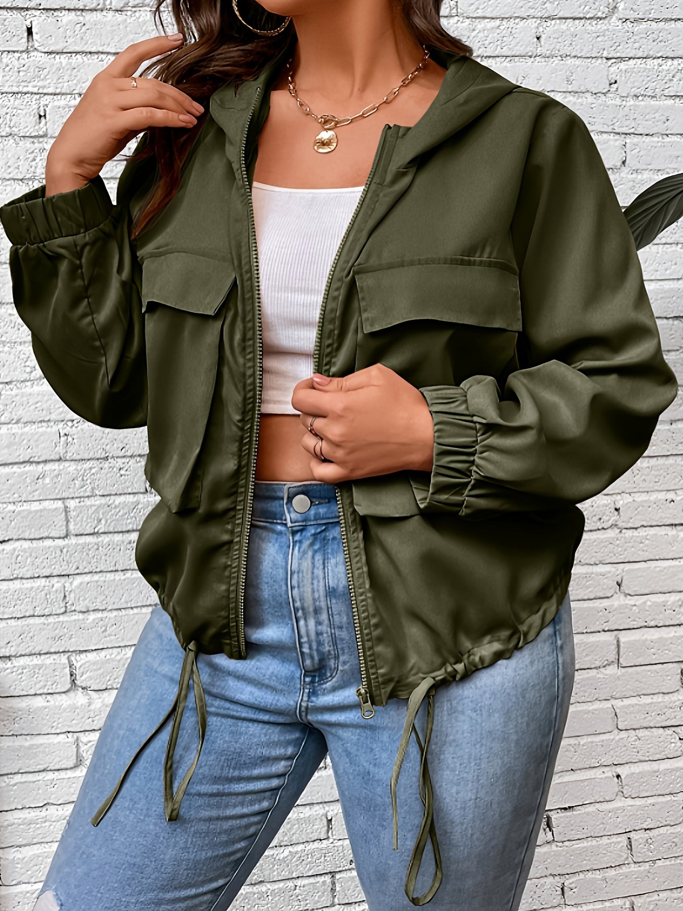 Plus Size Casual Jacket, Women's Plus Solid Long Sleeve Zipper Hooded Drawstring Jacket With Flap Pockets