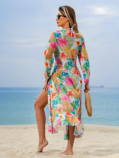 Tropical Print 3 Piece Set Bikini, Halter V Neck High Cut With Long Sleeves Cover Up Shirt Swimsuits, Women's Swimwear & Clothing