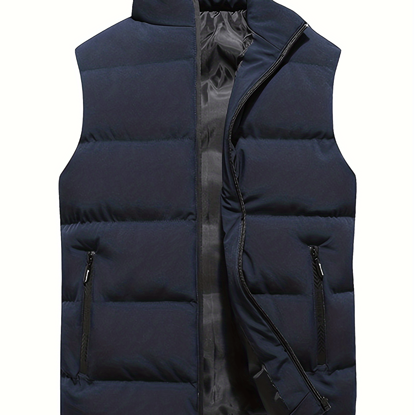 dunnmall  Warm Winter Vest, Men's Casual Zipper Pockets Stand Collar Zip Up Cotton Padded Vest For Fall Winter