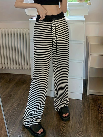 dunnmall  Striped Print Drawstring Waist Pants, Casual Comfy Wide Leg Pants, Women's Clothing