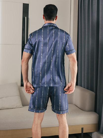 2PCS Mens Stylish Striped Pajama Set - Lightweight & Breathable Short Sleeve Shirt with Lapel Neck & Elastic Shorts for Comfortable Lounge Wear, Perfect Summer Home Indoor Essentials