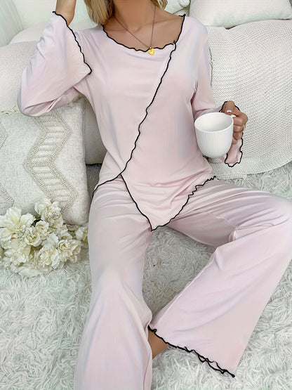 dunnmall  Lettuce Trim Lounge Set, Long Sleeve Side Split Top & Elastic Waistband Pants, Women's Loungewear & Sleepwear