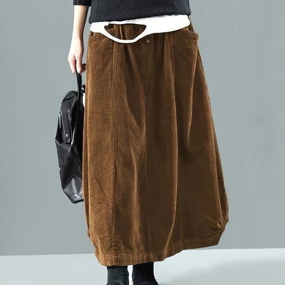 dunnmall  Solid Loose Corduroy Skirt, Casual Elastic Waist Maxi Skirt With Pocket, Women's Clothing