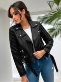 dunnmall  Solid Leather Biker Jacket, Streetwear Long Sleeve Zipper Outerwear, Women's Clothing
