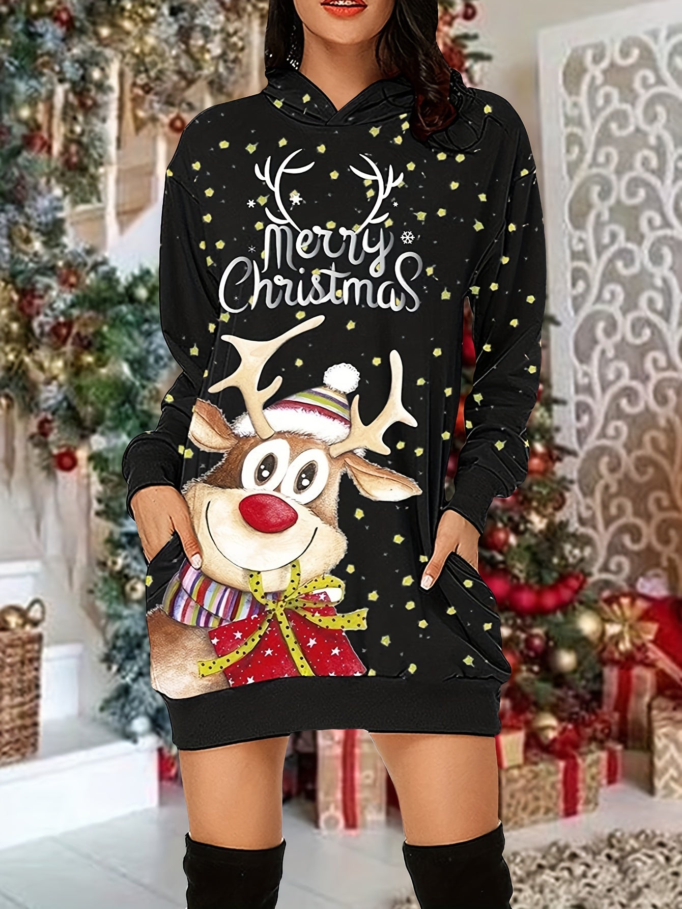 dunnmall  Christmas Print Casual Hoodie Dress Long Sleeve Hooded Dress