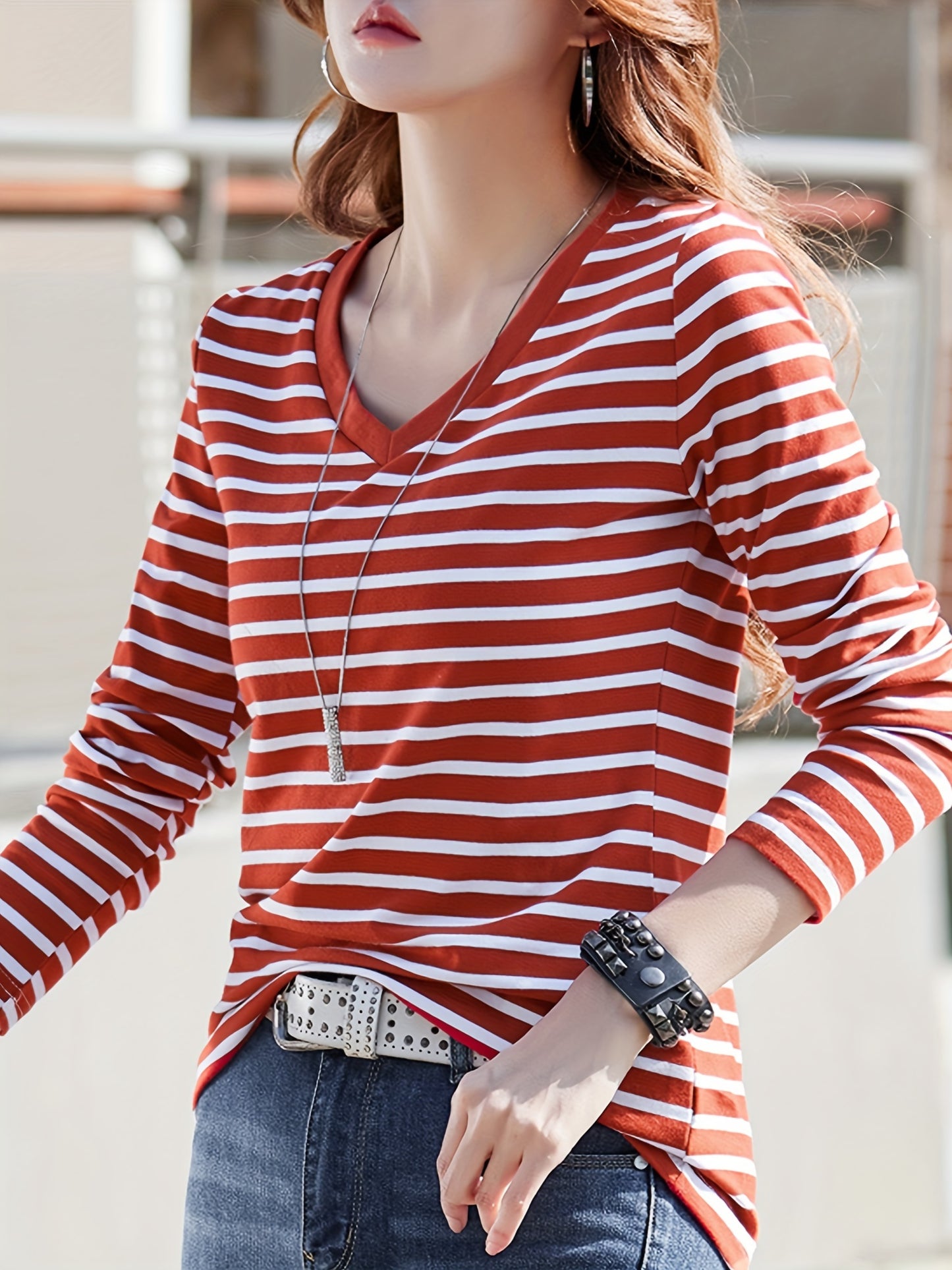 dunnmall Striped V Neck T-shirt, Casual Long Sleeve Top For Spring & Fall, Women's Clothing