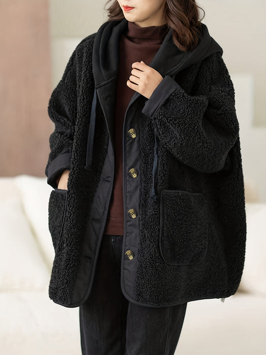 Hooded Teddy Fall & Winter Coat, Casual Button Front Drop Shoulder Outerwear, Women's Clothing