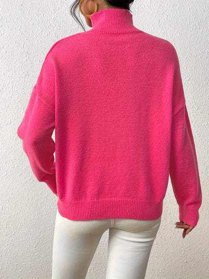 Solid Mock Neck Knit Sweater, Casual Drop Shoulder Long Sleeve Sweater, Women's Clothing