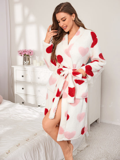 Elegant Allover Heart Pattern Fleece Thickened Night Robe For Fall & Winter, Long Sleeve V Neck Robe With Pockets, Women's Sleepwear & Dresses