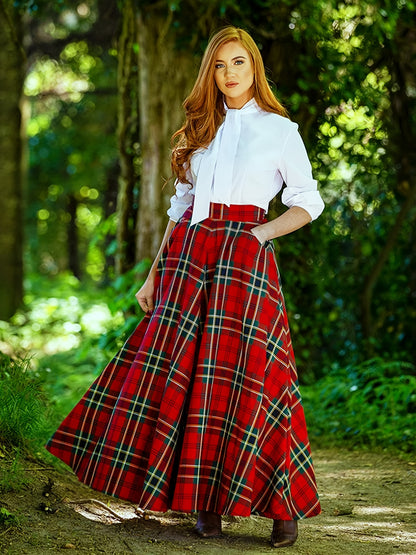 dunnmall  Plus Size Preppy Skirt, Women's Plus Plaid Print Elastic Waisted A-line Swing Skirt With Pockets