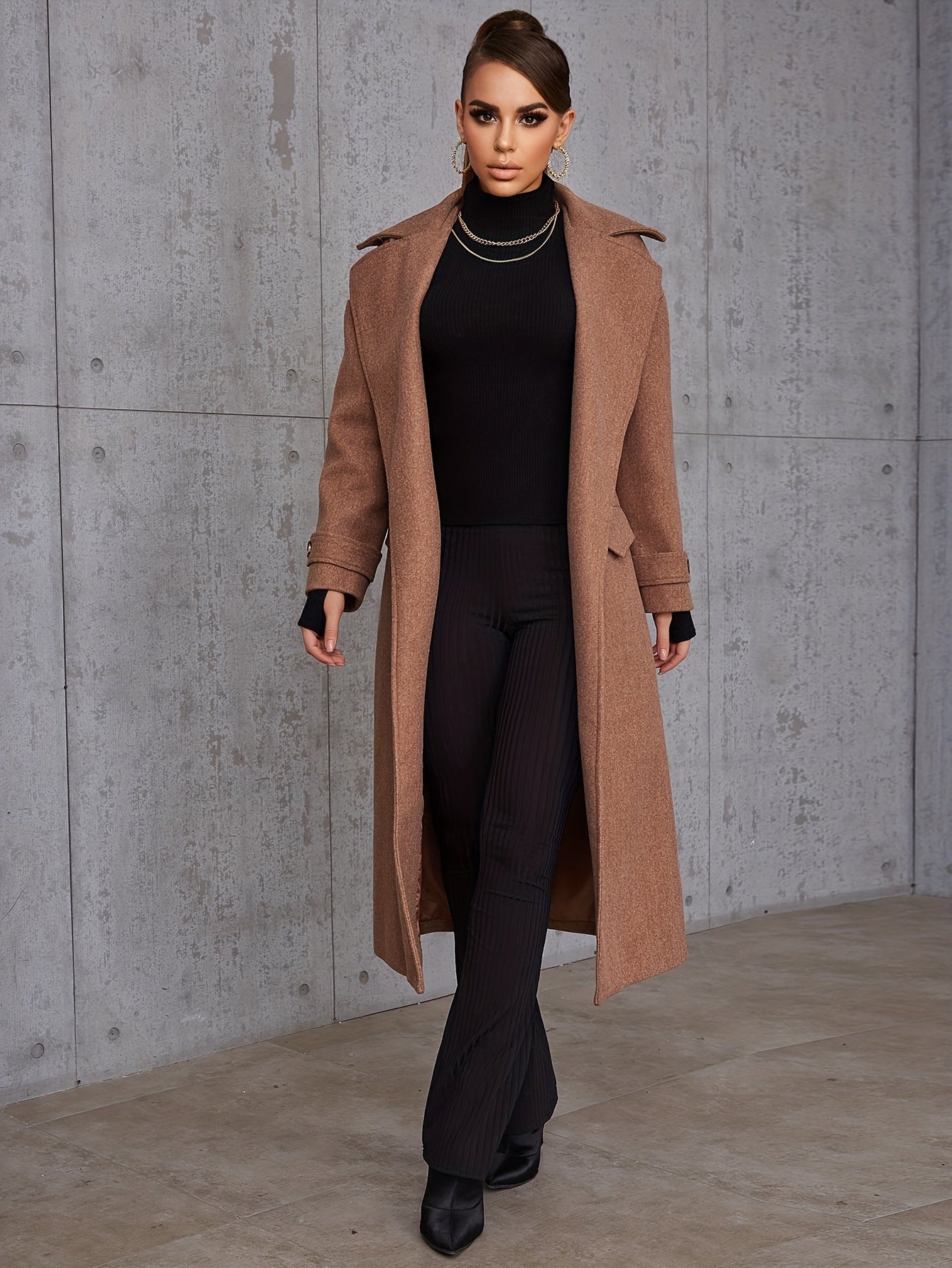 Long Length Waterfall Collar Coat, Elegant Open Front Long Sleeve Outerwear, Women's Clothing