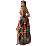 Elegant Women Floral Halter V Neck Backless Cut Out Waist Chain Sleeveless High Side Split Fit Flare Maxi Long Dresses