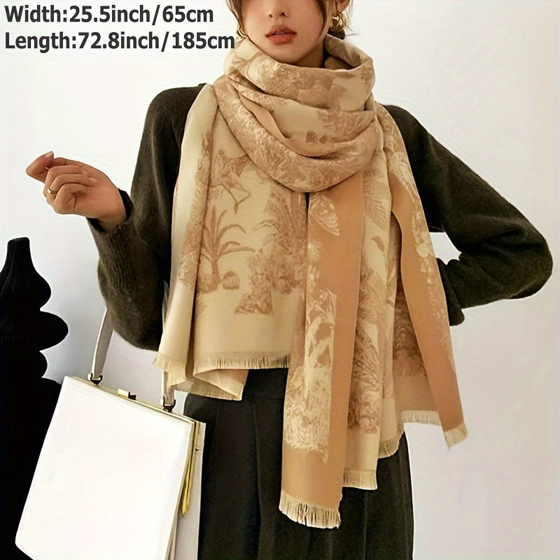 Vintage Plant Flower Jacquard Scarf Imitation Cashmere Elegant Soft Warm Cozy Fringe Shawl Autumn Winter Coldproof Windproof Blanket Scarf