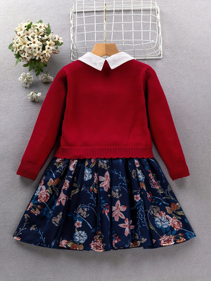 2PCS, 57% cotton Girl's Princess-Style Doll Collar Dress + Long-Sleeve Knit Cardigan - Comfy Fit And Fashion Design - Spring & Fall Clothes, Gift