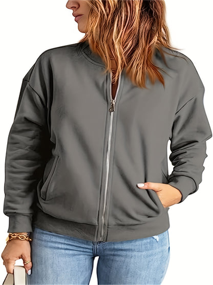 Plus Size Sporty Jacket, Women's Plus Solid Long Sleeve Zipper Jacket With Pockets