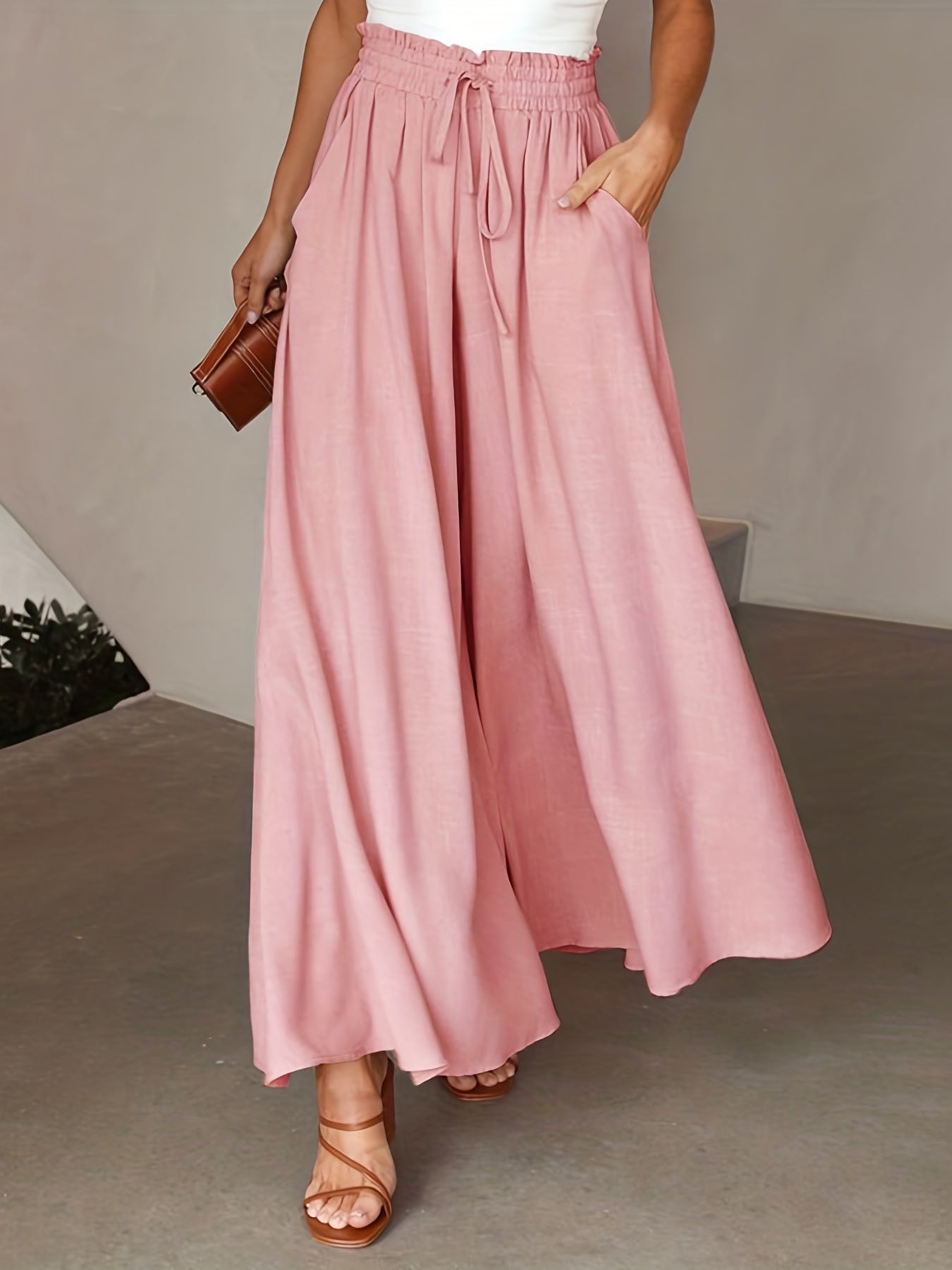 Solid Drawstring Culottes, Casual Wide Leg Summer Pants With Pockets, Women's Clothing