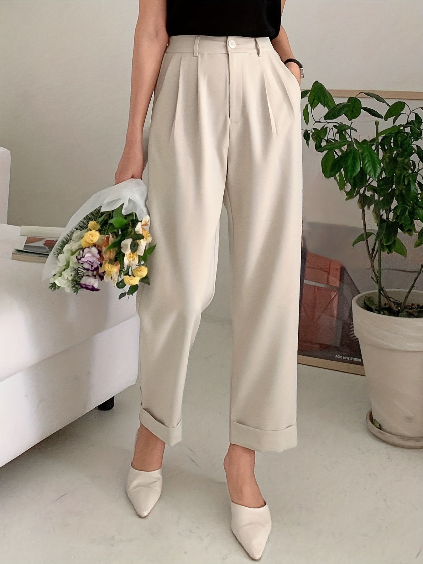 dunnmall  Solid Button Straight Leg Pants, Casual High Waist Draped Pleated Pants, Women's Clothing